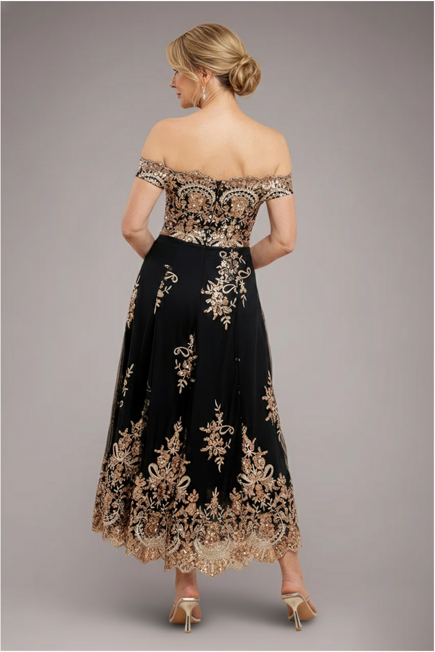 Goddiva Bardot Sequin & Lace High Low Midi - Champagne