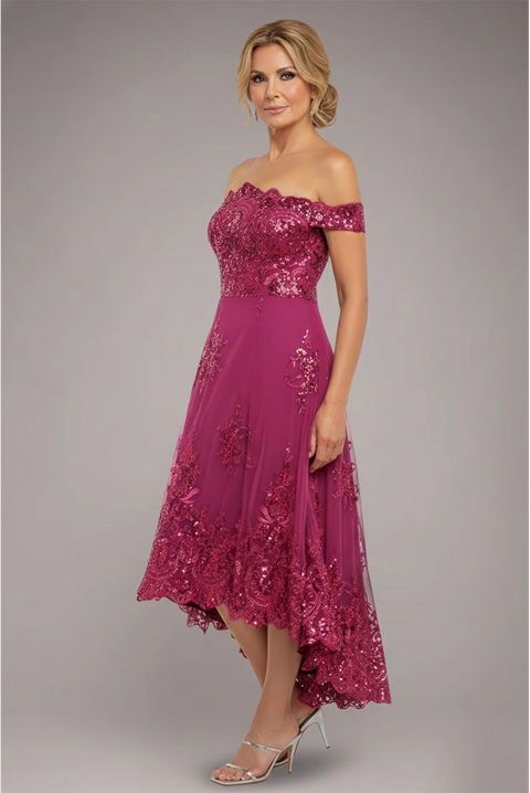 Goddiva Bardot Sequin & Lace High Low Midi - Magenta