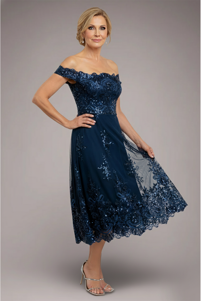 Goddiva Bardot Sequin & Lace High Low Midi - Navy Blue