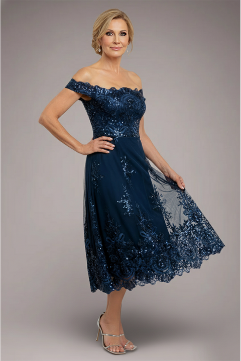 Goddiva Bardot Sequin & Lace High Low Midi - Navy Blue