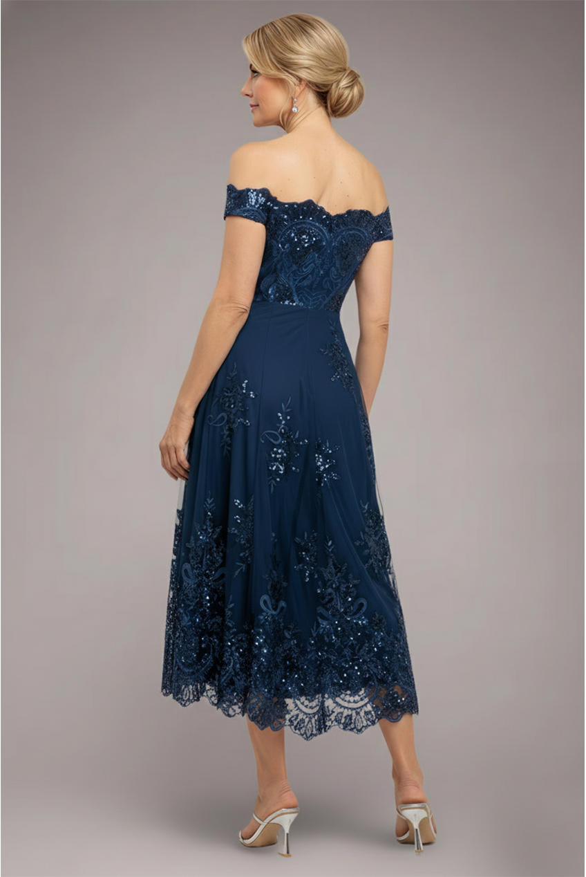 Goddiva Bardot Sequin & Lace High Low Midi - Navy Blue