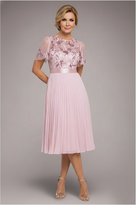 Goddiva Embroidered Top Chiffon Pleated Midi - Blush Pink