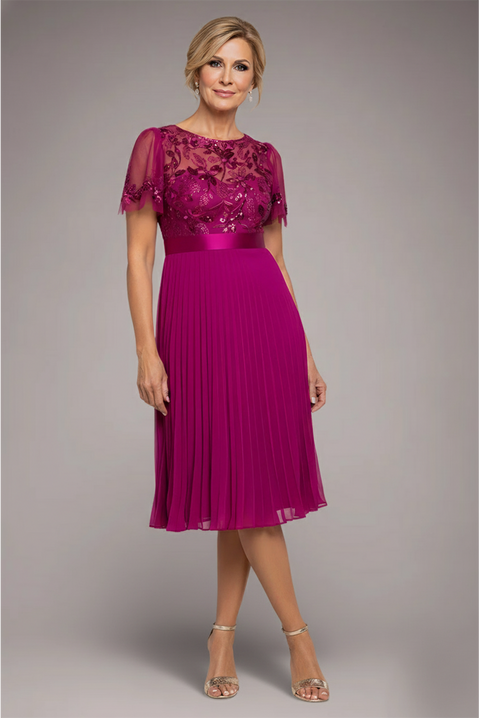 Goddiva Embroidered Top Chiffon Pleated Midi - Magenta