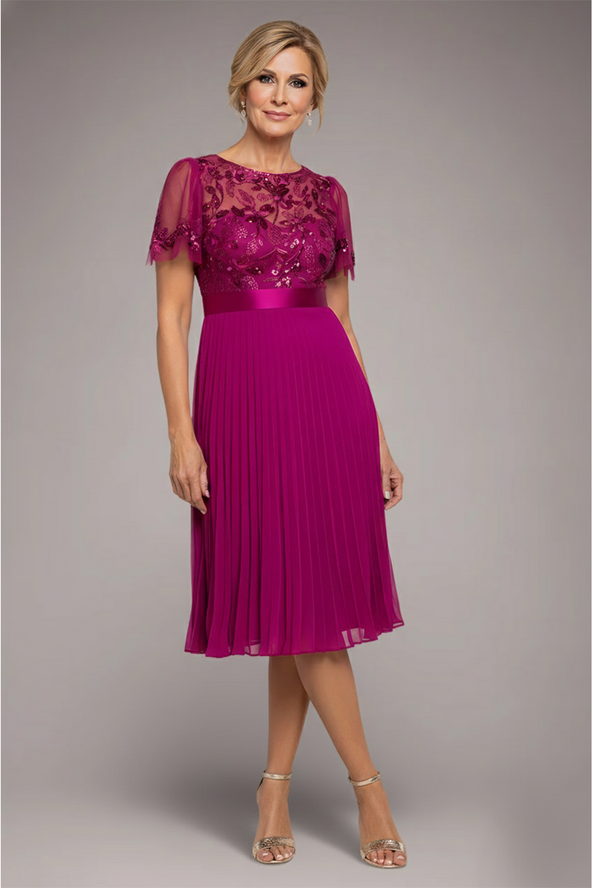 Goddiva Embroidered Top Chiffon Pleated Midi - Magenta
