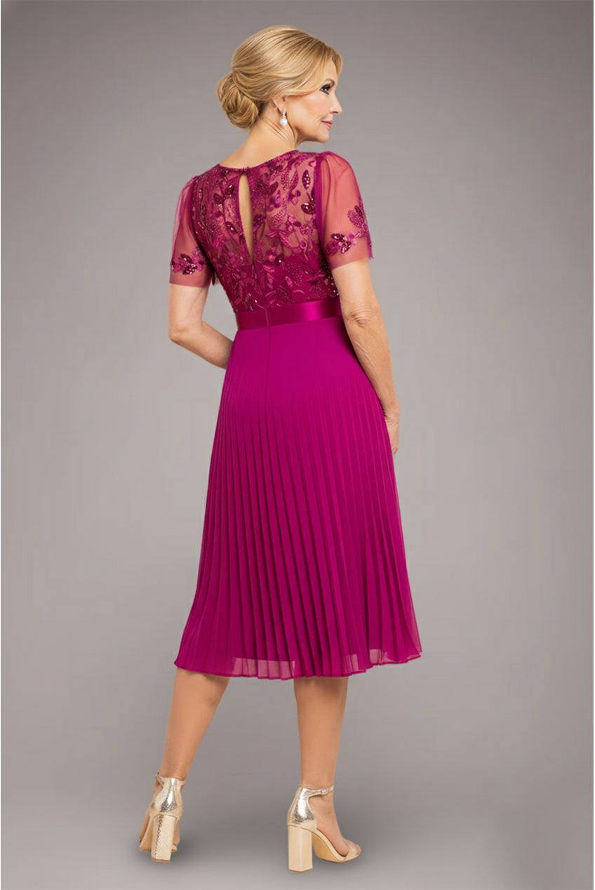 Goddiva Embroidered Top Chiffon Pleated Midi - Magenta