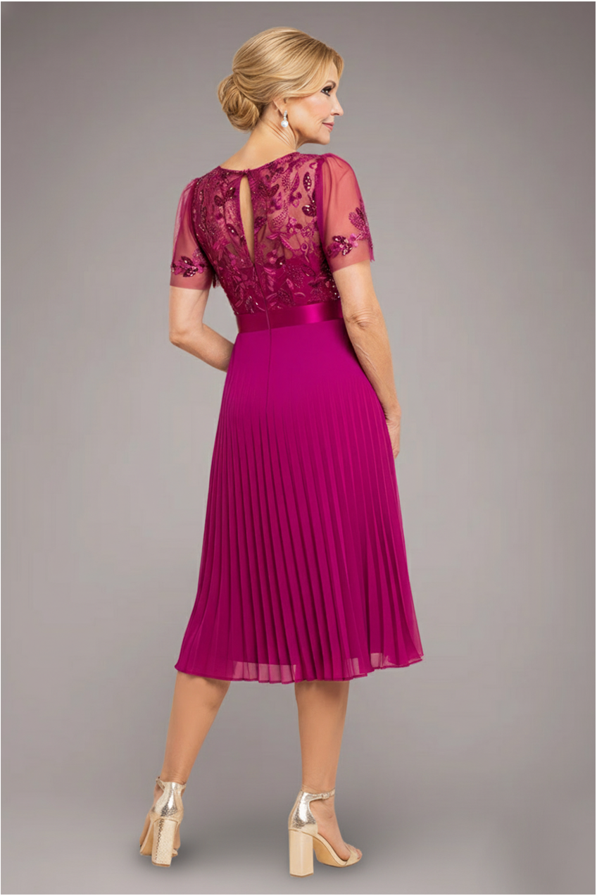 Goddiva Embroidered Top Chiffon Pleated Midi - Magenta