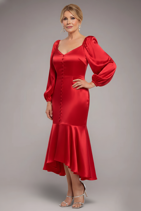 Goddiva Satin Viscose Front Buttoned Dipped Hem Midaxi Dress - Red