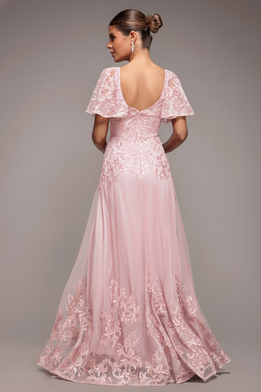 Goddiva Lace Flutter Sleeve Embroidered Mesh A Line Maxi Dress - Pink