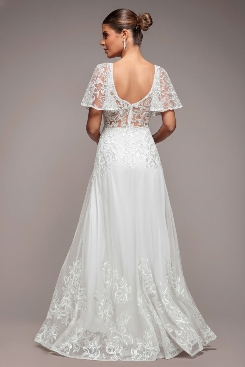 Goddiva Lace Flutter Sleeve Embroidered Mesh A Line Maxi Dress - White