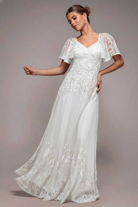 Goddiva Lace Flutter Sleeve Embroidered Mesh A Line Maxi Dress - White