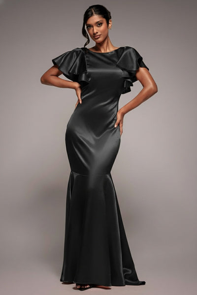 Black - Goddiva Satin Flutter Sleeve Mermaid Maxi - Black