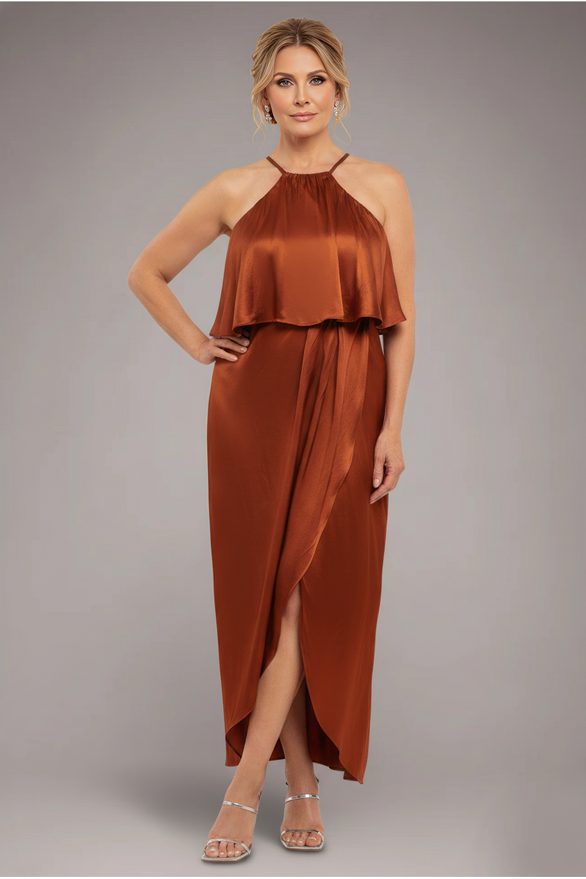 Goddiva Satin Viscose Front Wrap Midaxi Dress - Brown