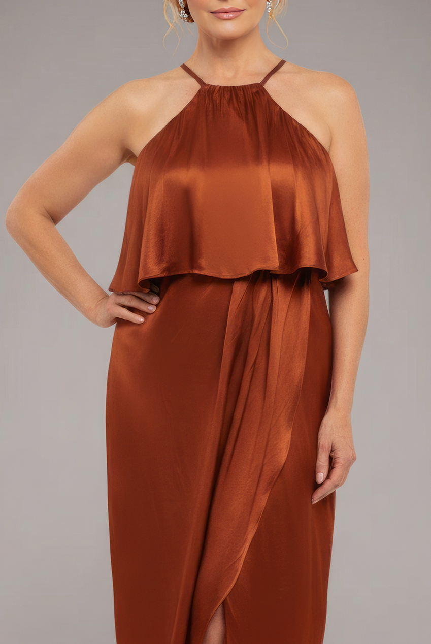 Goddiva Satin Viscose Front Wrap Midaxi Dress - Brown