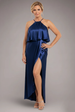 Goddiva Satin Viscose Front Wrap Midaxi Dress - Navy Blue