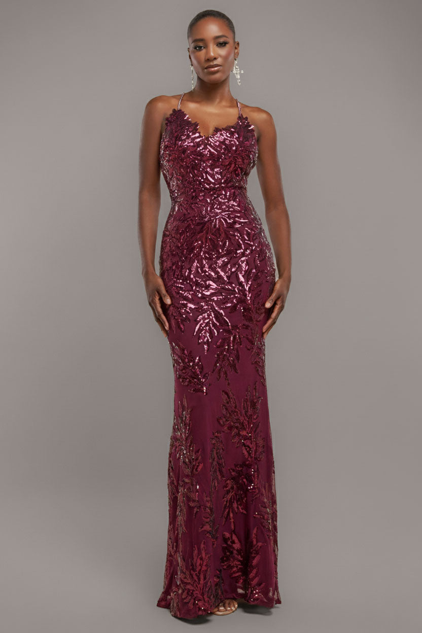 Goddiva Cross Back Diamante Strap Sequin Maxi - Burgundy