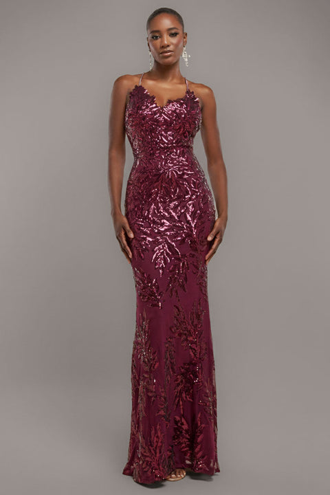 Goddiva Cross Back Diamante Strap Sequin Maxi - Burgundy