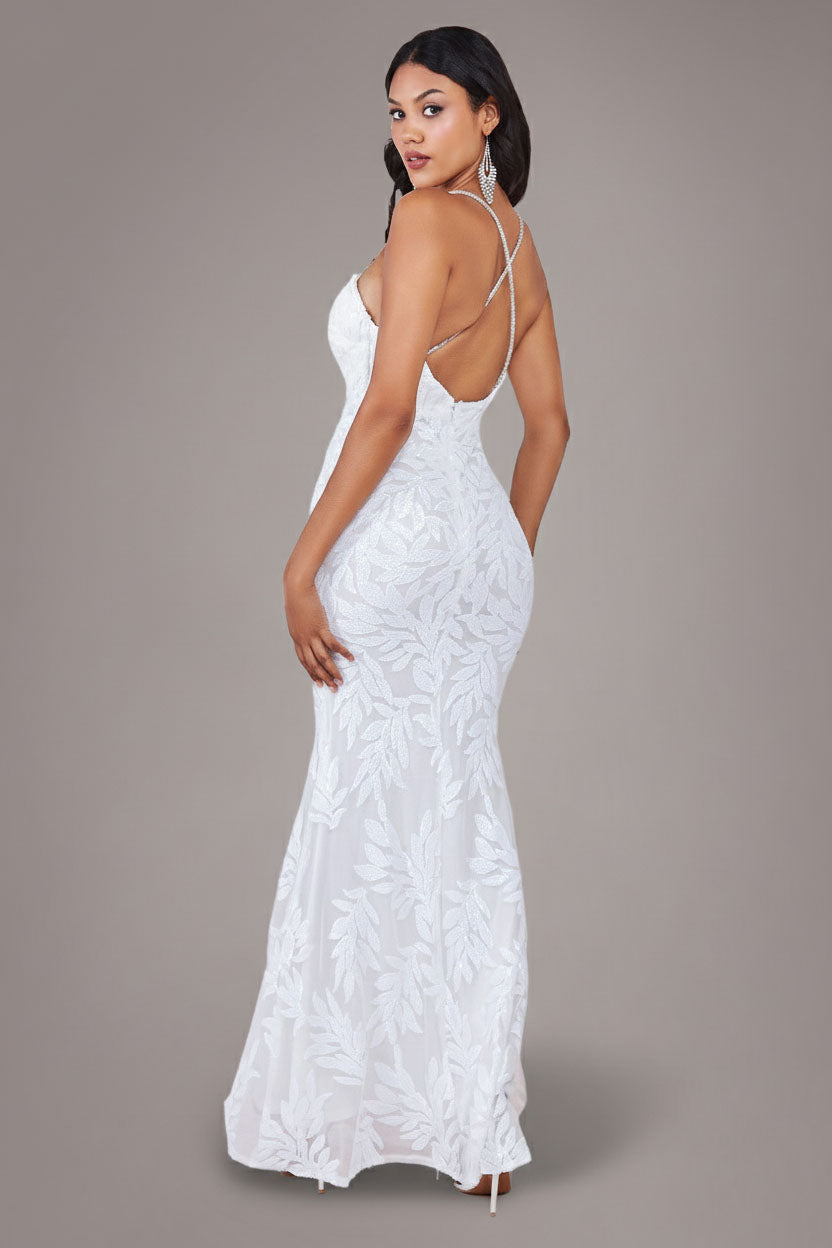 Goddiva Cross Back Diamante Strap Sequin Maxi - White
