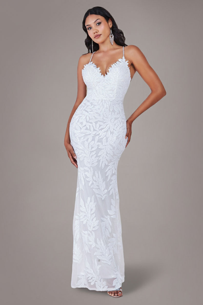 Goddiva Cross Back Diamante Strap Sequin Maxi - White