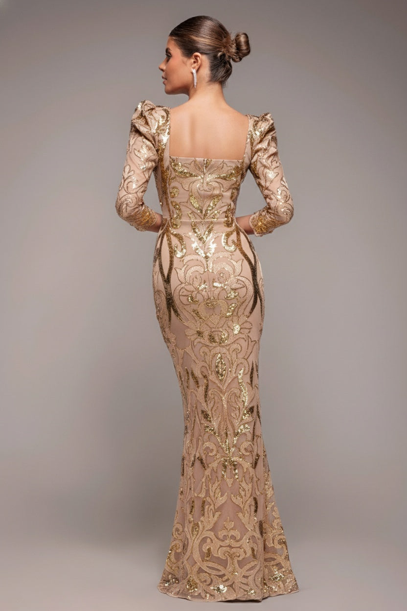 Goddiva Square Neck Scalloped Lace Maxi - Champagne