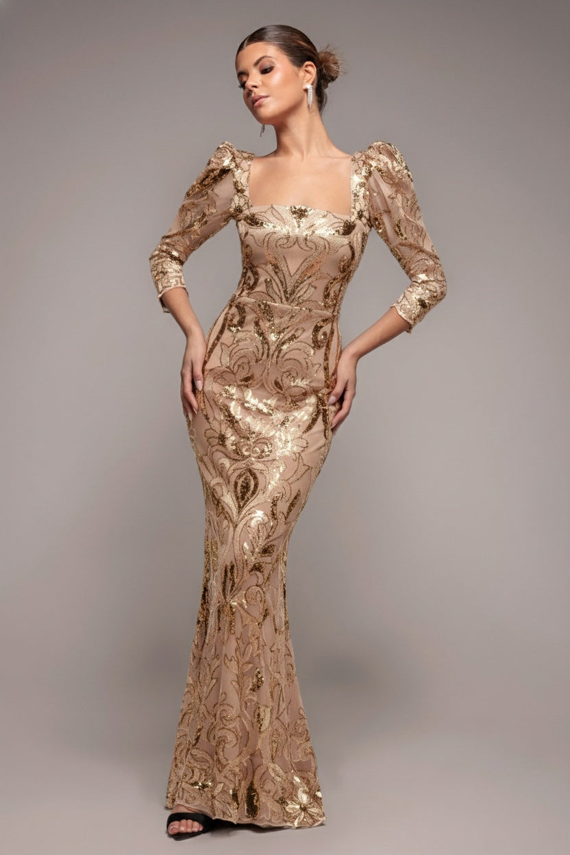 Goddiva Square Neck Scalloped Lace Maxi - Champagne