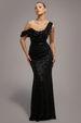 Goddiva Sequin Cowl One Shoulder Maxi Dress - Black