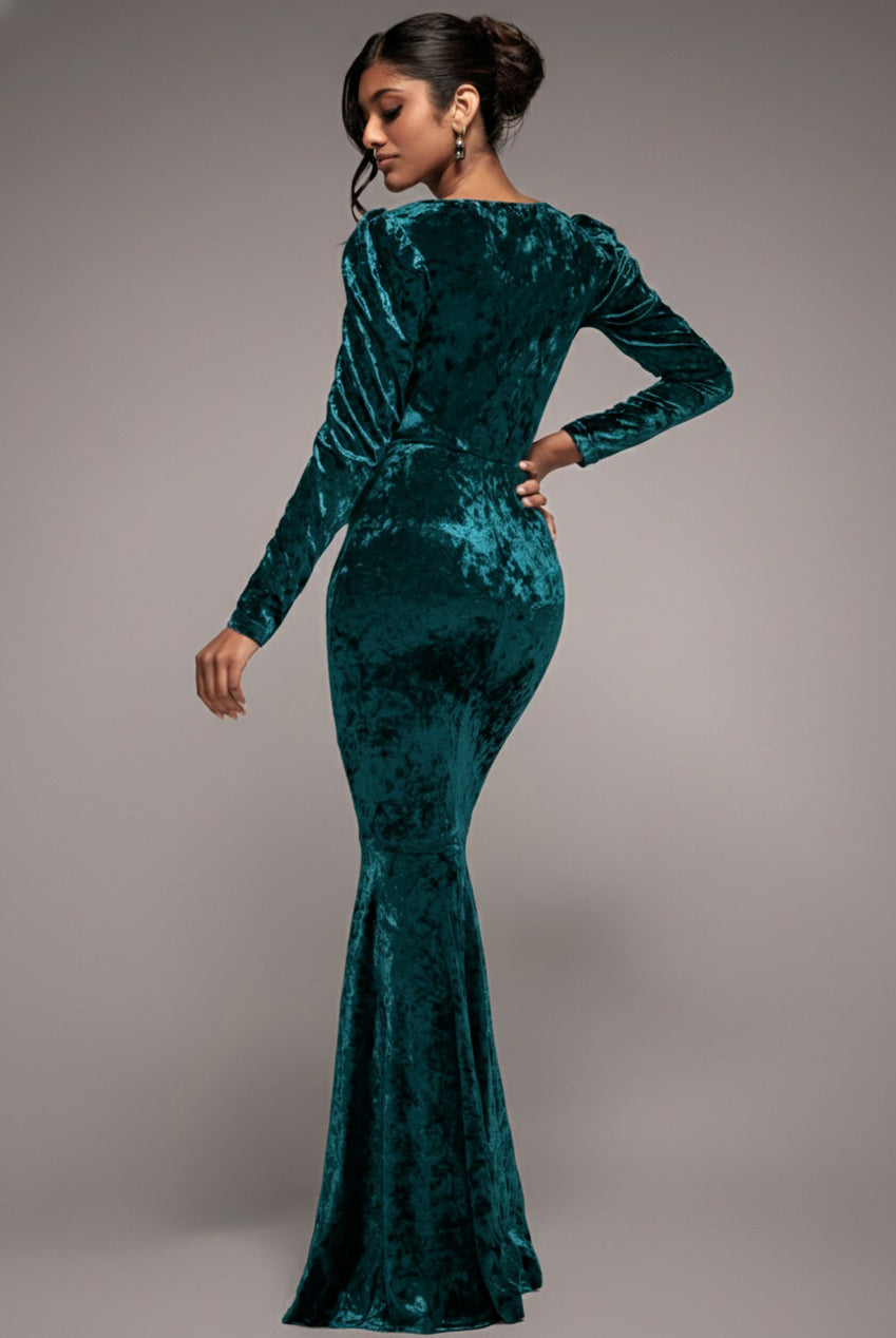 Goddiva Flared Hem Ice Velvet Maxi - Emerald Green