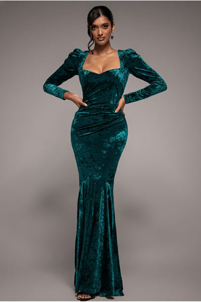Emerald - Goddiva Flared Hem Ice Velvet Maxi - Emerald Green
