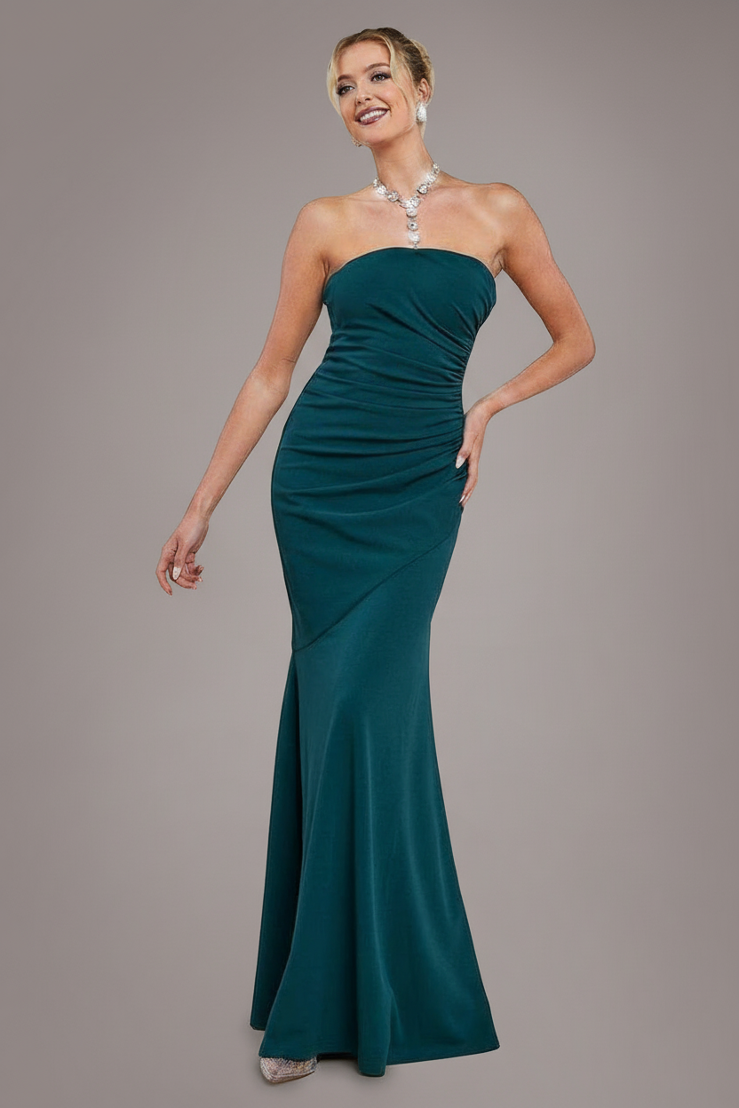 Goddiva Scuba Crepe Bandeau Maxi With Diamante Necklace - Emerald Green