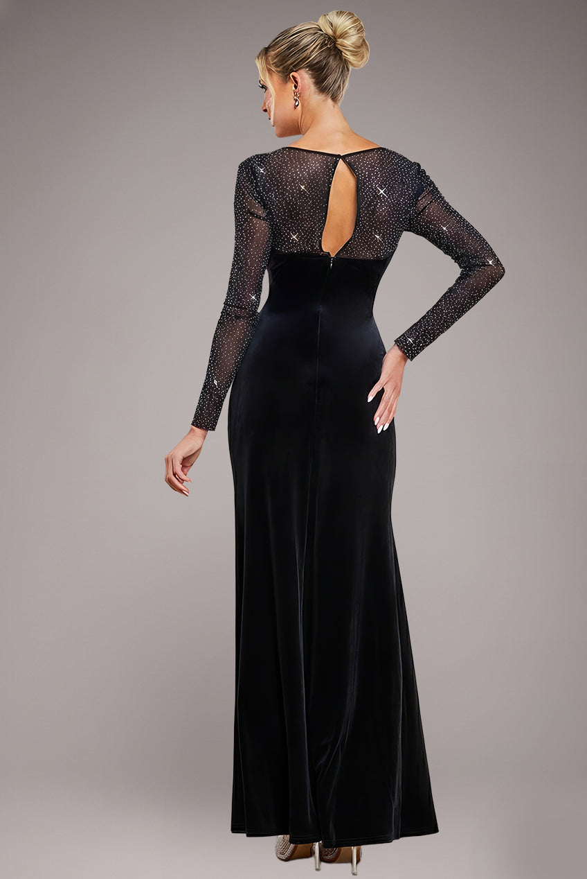 Goddiva Hotfix Diamante Sleeve Front Split Velvet Maxi Dress - Black