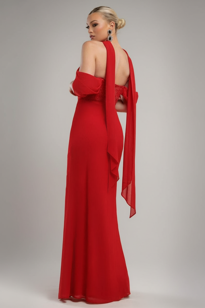 Goddiva Scalloped Lace & Chiffon Winged Corset Bodice Maxi Dress - Red