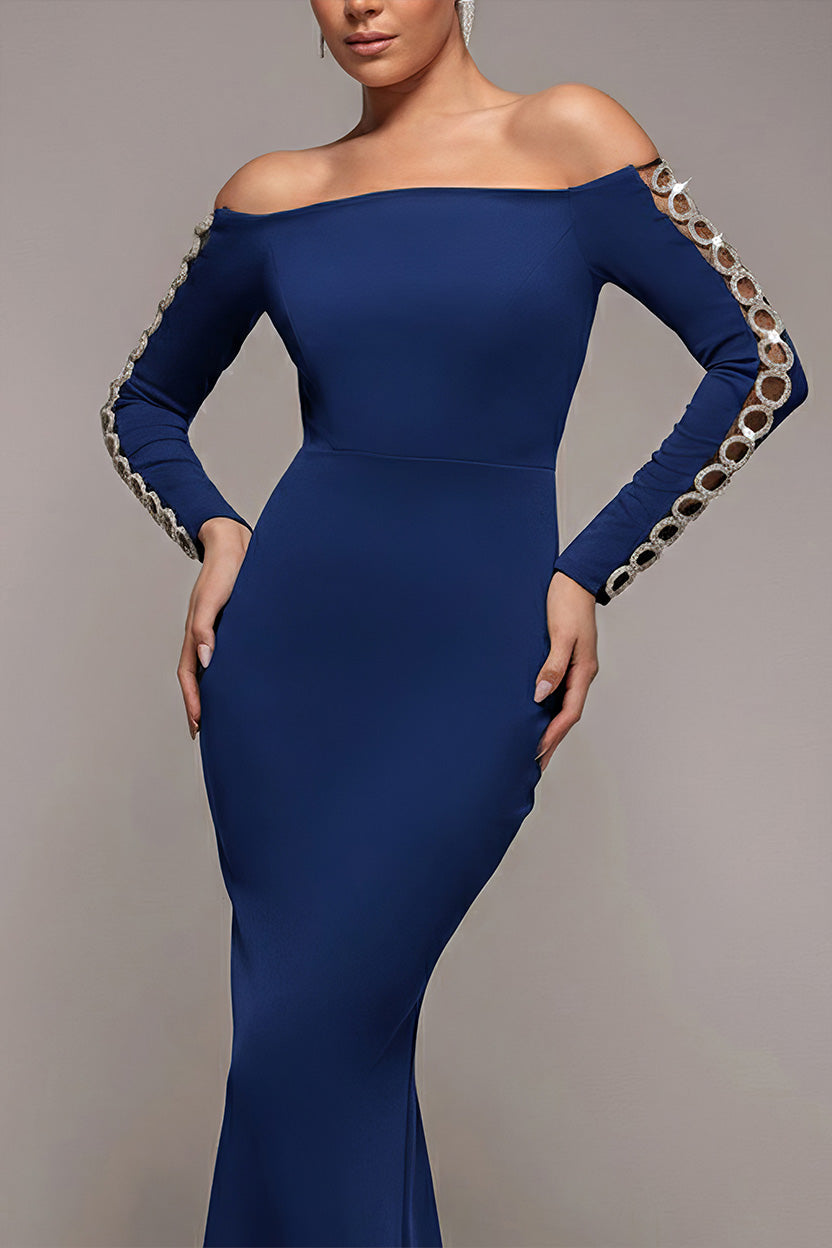 Goddiva Embellished Diamante Sleeve Bardot Maxi Dress - Navy