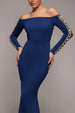 Goddiva Embellished Diamante Sleeve Bardot Maxi Dress - Navy