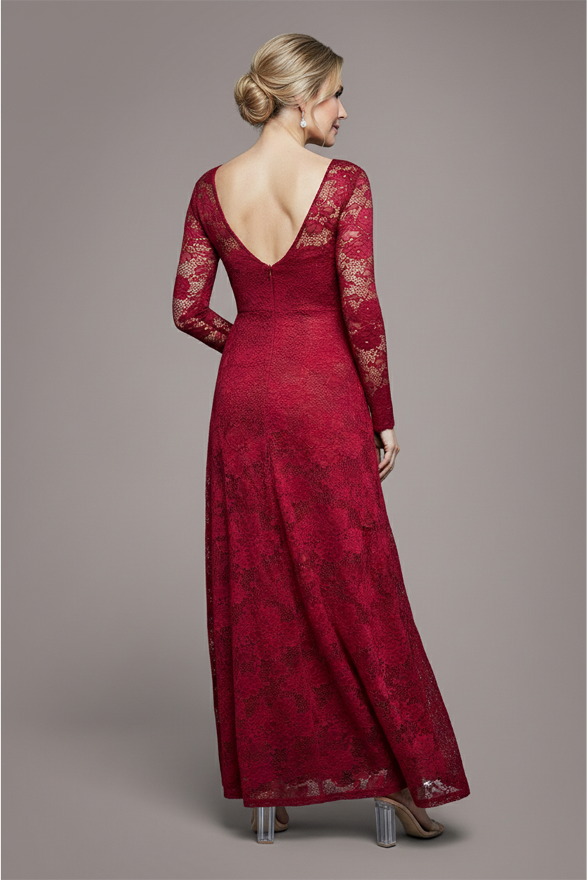 Goddiva Scalloped Lace A-Line Maxi Dress - Wine