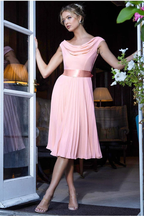 Goddiva Cowl Neck Pleated A-Line Chiffon Midi Dress - Blush Pink