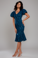 Goddiva Sequin Lace Puff Sleeve Fit & Flare Midi Dress - Teal Blue