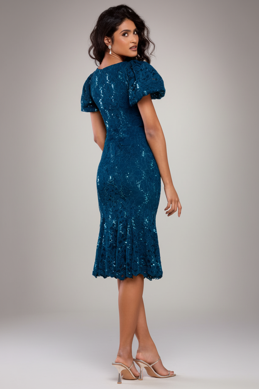 Goddiva Sequin Lace Puff Sleeve Fit & Flare Midi Dress - Teal Blue