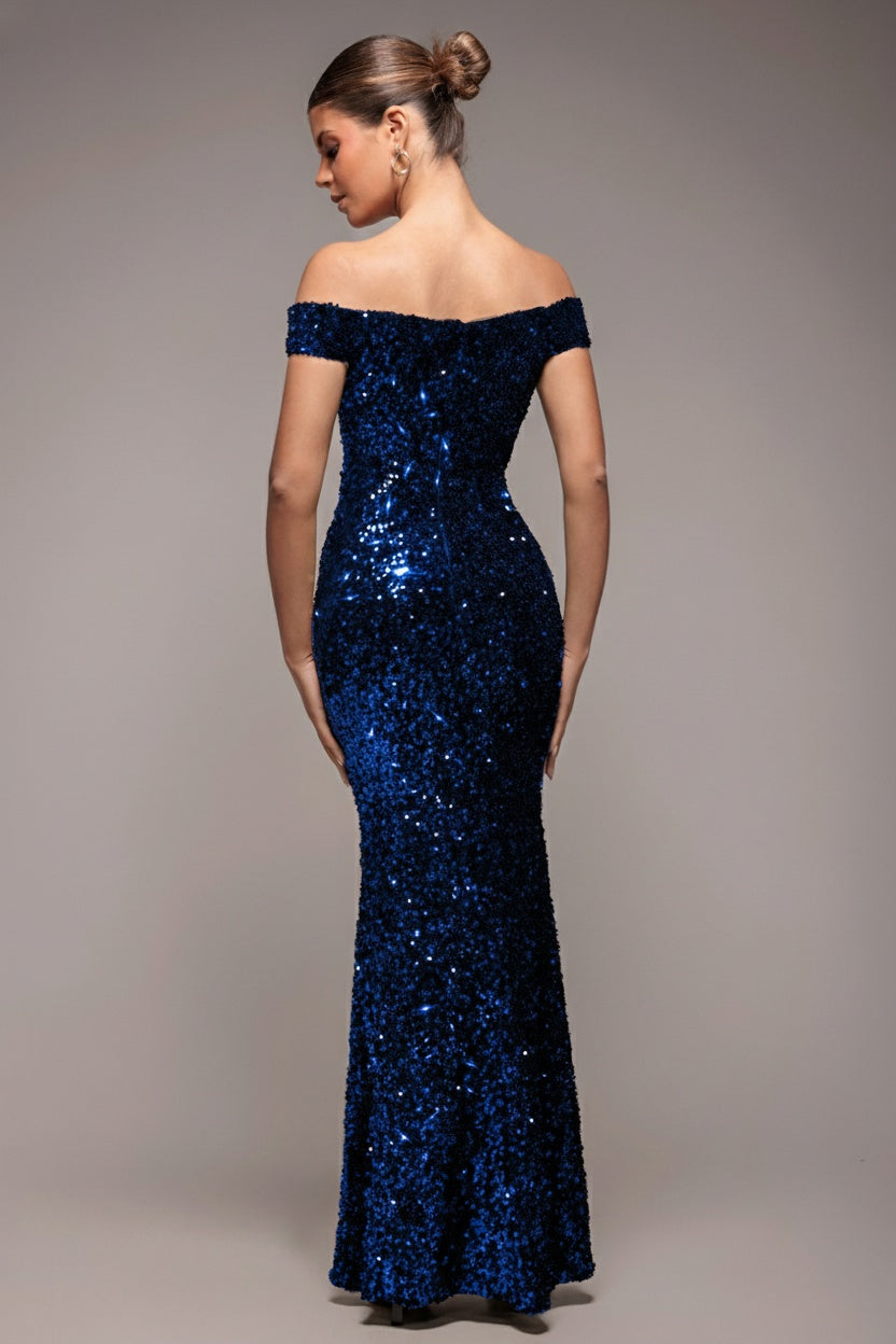 Goddiva Sequin Velvet Bardot Evening Maxi Dress - Midnight Blue