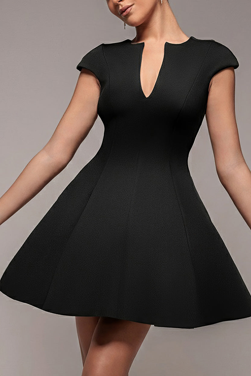 Goddiva Cap Sleeve Plunging V-Neckline Skater Mini Dress - Black