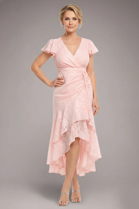 Goddiva Jacquard Chiffon Wrap High Low Midaxi Dress - Pink