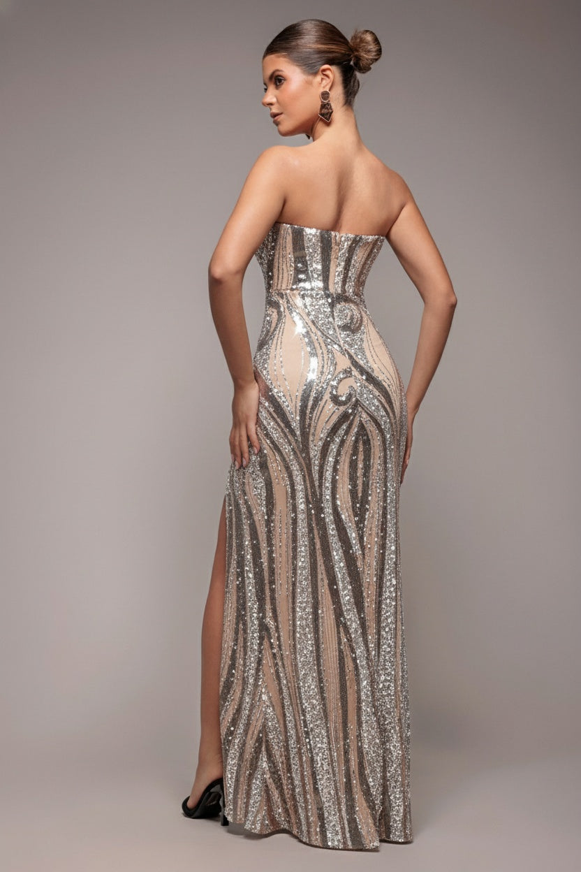 Goddiva Strapless Multi Sequin Maxi Dress - Champagne