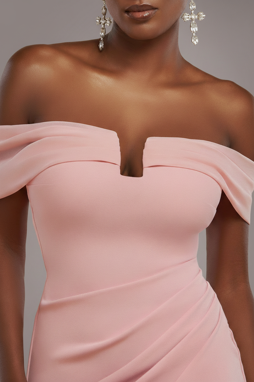 Goddiva Off The Shoulder Chiffon Wing Scuba Crepe Midi Dress - Blush Pink