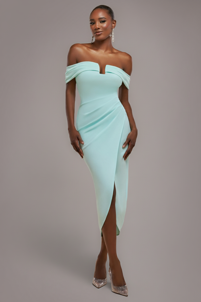 Goddiva Off The Shoulder Chiffon Wing Scuba Crepe Midi Dress - Mint Green