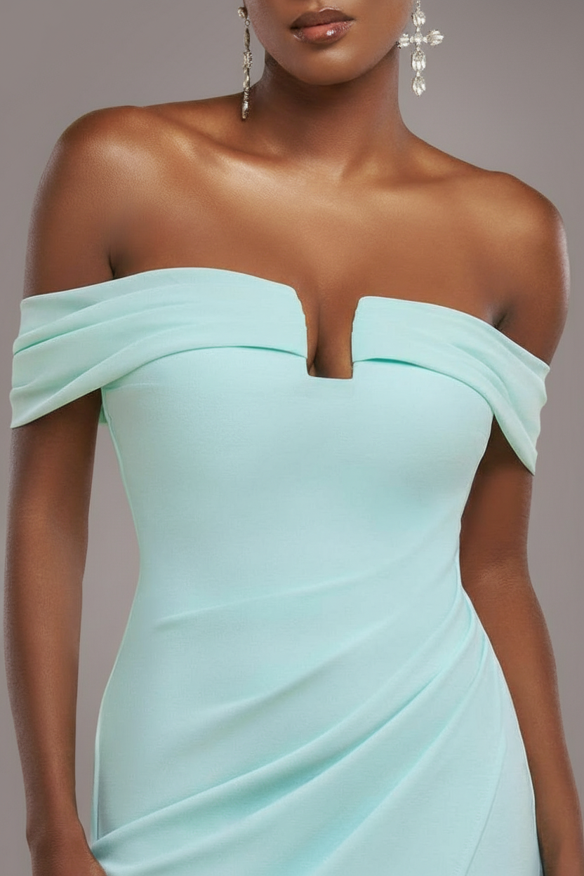 Goddiva Off The Shoulder Chiffon Wing Scuba Crepe Midi Dress - Mint Green