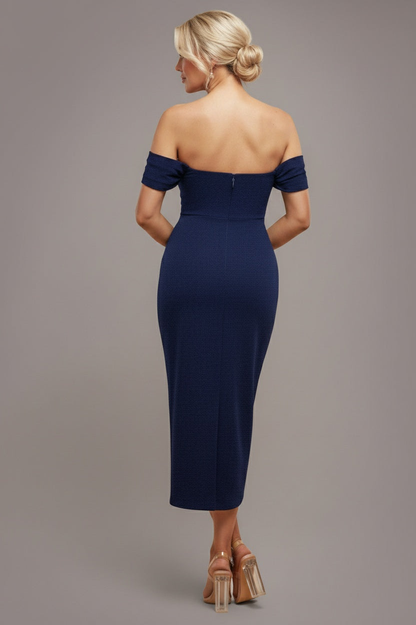 Goddiva Off The Shoulder Chiffon Wing Scuba Crepe Midi Dress - Navy Blue