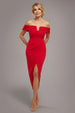 Goddiva Off The Shoulder Chiffon Wing Scuba Crepe Midi Dress - Red