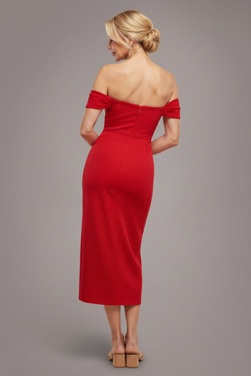Goddiva Off The Shoulder Chiffon Wing Scuba Crepe Midi Dress - Red