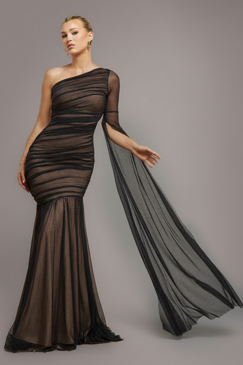 Goddiva Gathered One Sleeve Angel Wing Mermaid Maxi Dress - Black