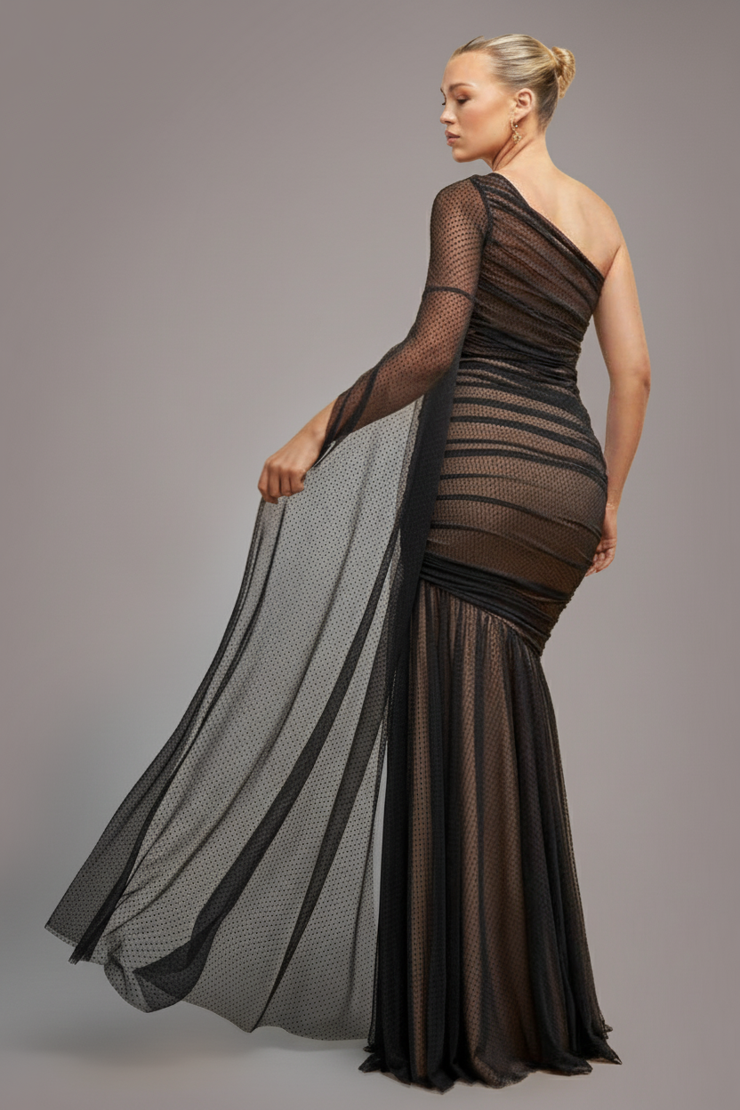 Goddiva Gathered One Sleeve Angel Wing Mermaid Maxi Dress - Black