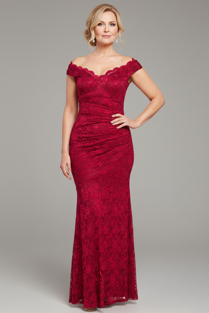 Goddiva Off The Shoulder Scalloped Neck Maxi Dress - Wine