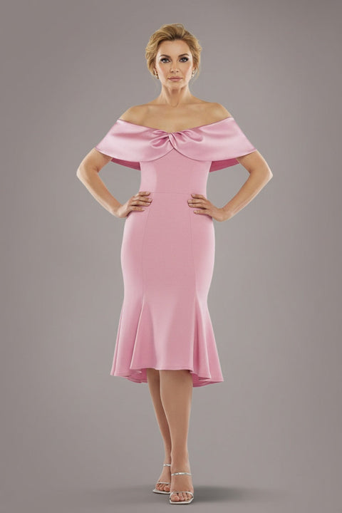 Goddiva Twist Knot Satin & Scuba Bardot High Low Midi Dress - Blush Pink